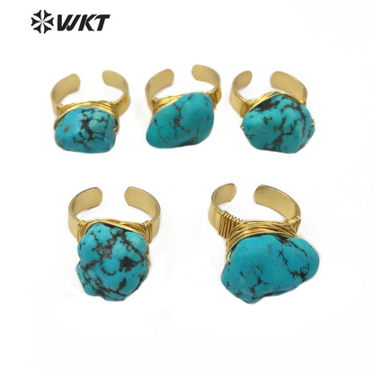 WT-R343 Wholesale Chunky Turquoise Ring Natural Turquoise Ring With Gold Electroplated Adjustable Size Women Elegant Charm Ring
