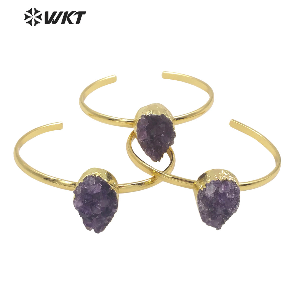 WT-B611 Druzy Amethyst Bangles French Vintage Style Yellow Brass 18k Gold Plated Bangles As Women Gift Natural Crystal Bangles
