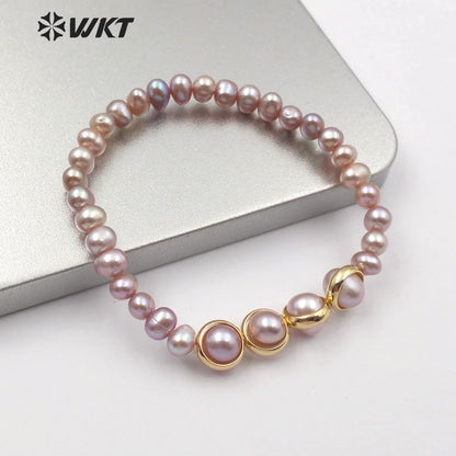 WT-B497 Wholesale Natural Pearl Bracelets Two Color With Gold Electroplated Women Stylish Charm Freshwater Pearl Bracelet