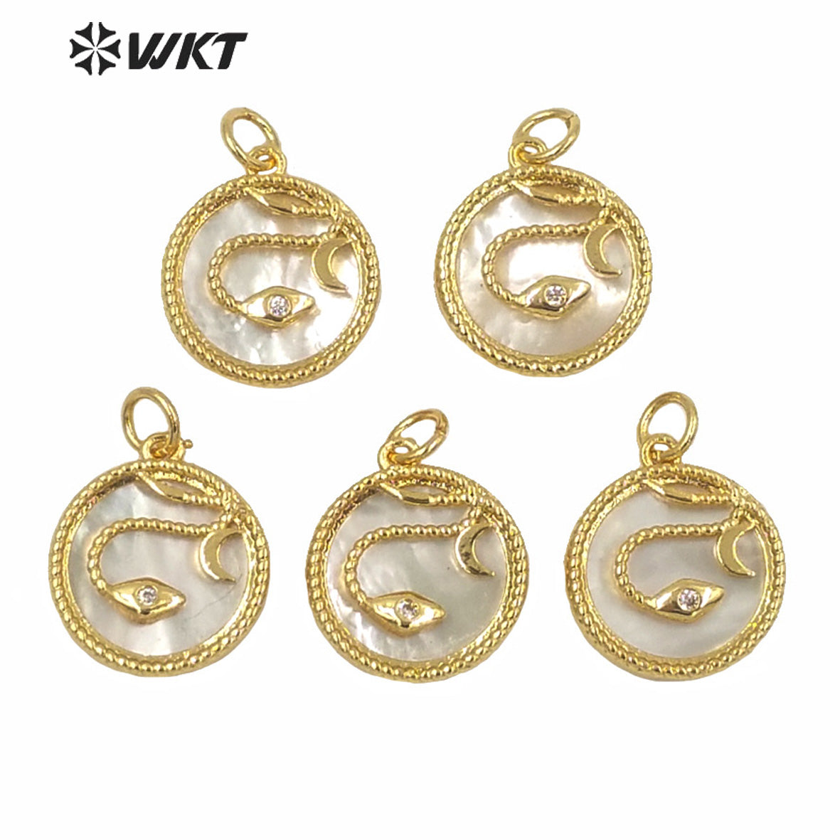 WT-MP178 WKT New White Mother of Pearl Gold Bezel Shell Pendant Lady Fashion Micro Pave Snake Cz Pendants in 15mm