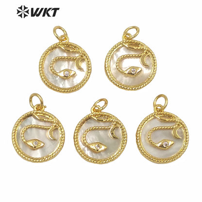 WT-MP178 WKT New White Mother of Pearl Gold Bezel Shell Pendant Lady Fashion Micro Pave Snake Cz Pendants in 15mm