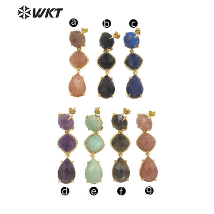 WT-E689 Wholesale Fashion Triple Stone Long Dangle Earrings Gorgeous Lady Prong Setting Natural Gemstone Birthday Stone Earrings