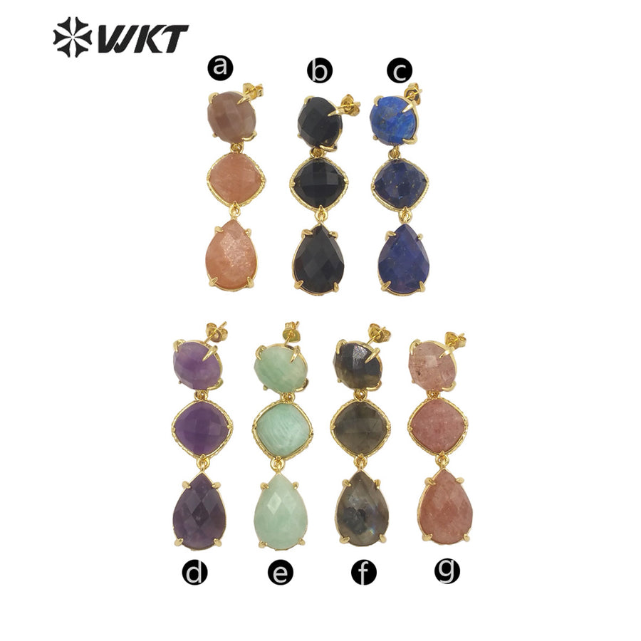 WT-E689 Wholesale Fashion Triple Stone Long Dangle Earrings Gorgeous Lady Prong Setting Natural Gemstone Birthday Stone Earrings