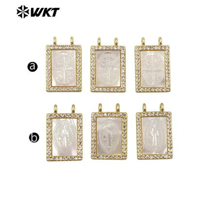 WT-JP484 Fashion Newest Religious Style Gold Plated White Shell Samll Pendant With Double Hoops For Women Necklace Making