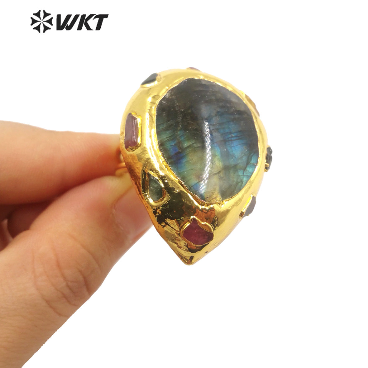 WT-R409 Europe and America Niche Design 18k Gold Plated Rings Labradorite Stone Rings Multi-Gemstone Set Natural Stone Rings
