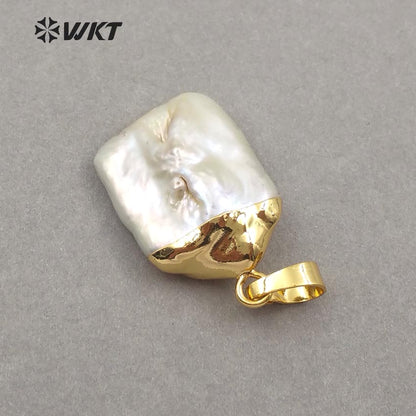WT-JP071 Unique Design 18K Gold Capped for Women Jewelry Making White Square Shape Pendant Natural Baroque Pearl Pendant