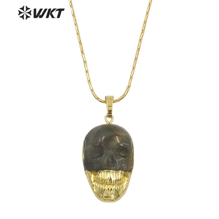 WT-N1461 Wholesale Fashion Gold Dipped Natural Flashy Stone Hand Carving Labradorite Skulls Necklace