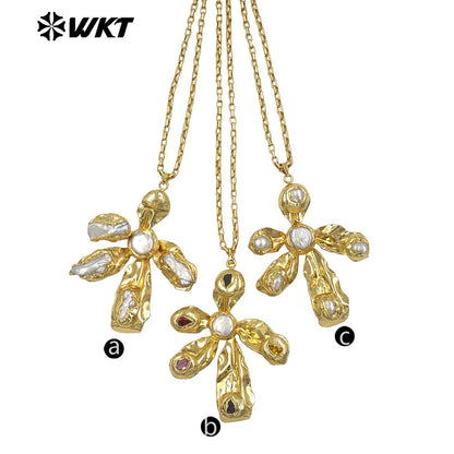 WT-JN361 Wholesale 18K Gold Plated Natural Freshwater Pearl And Zircon Windmill Shape Pendant Necklace For Women Fashion Match