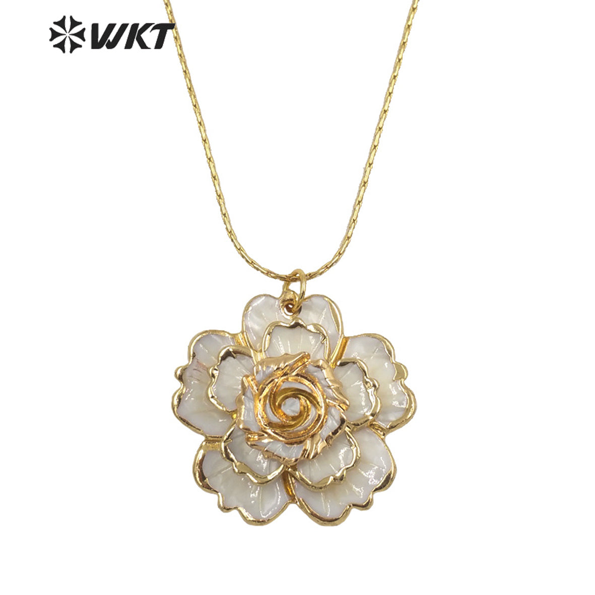 WT-JN143 Wholesale Gold Plated Women Handmade Carved Rose Flower Pendant Necklace Multi Layer White Shell Flower Necklace