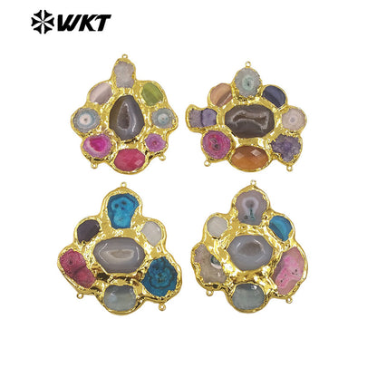 WT-C337 Amazing Three Hoops And Back Full Gold Plated Multi Natural Stones Connectors For Jewelry Connection Accessories