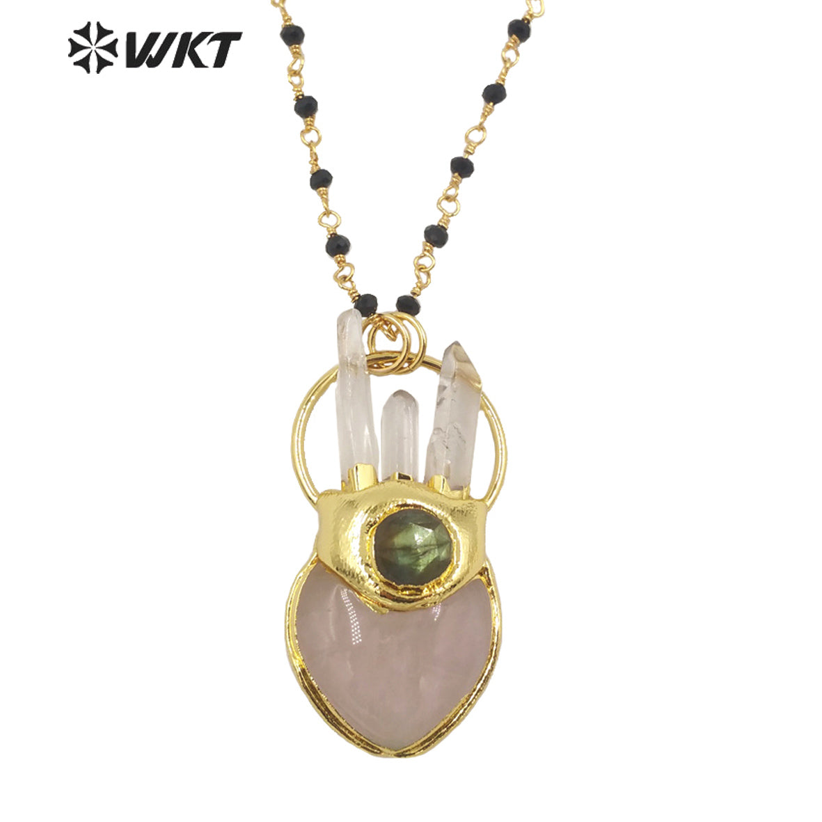 WT-N1348 WKT 2022 Fashion 18k Real Gold Plated Rose Quartz Heart Statement Necklace Women Big Natural Stone Pendant Necklace