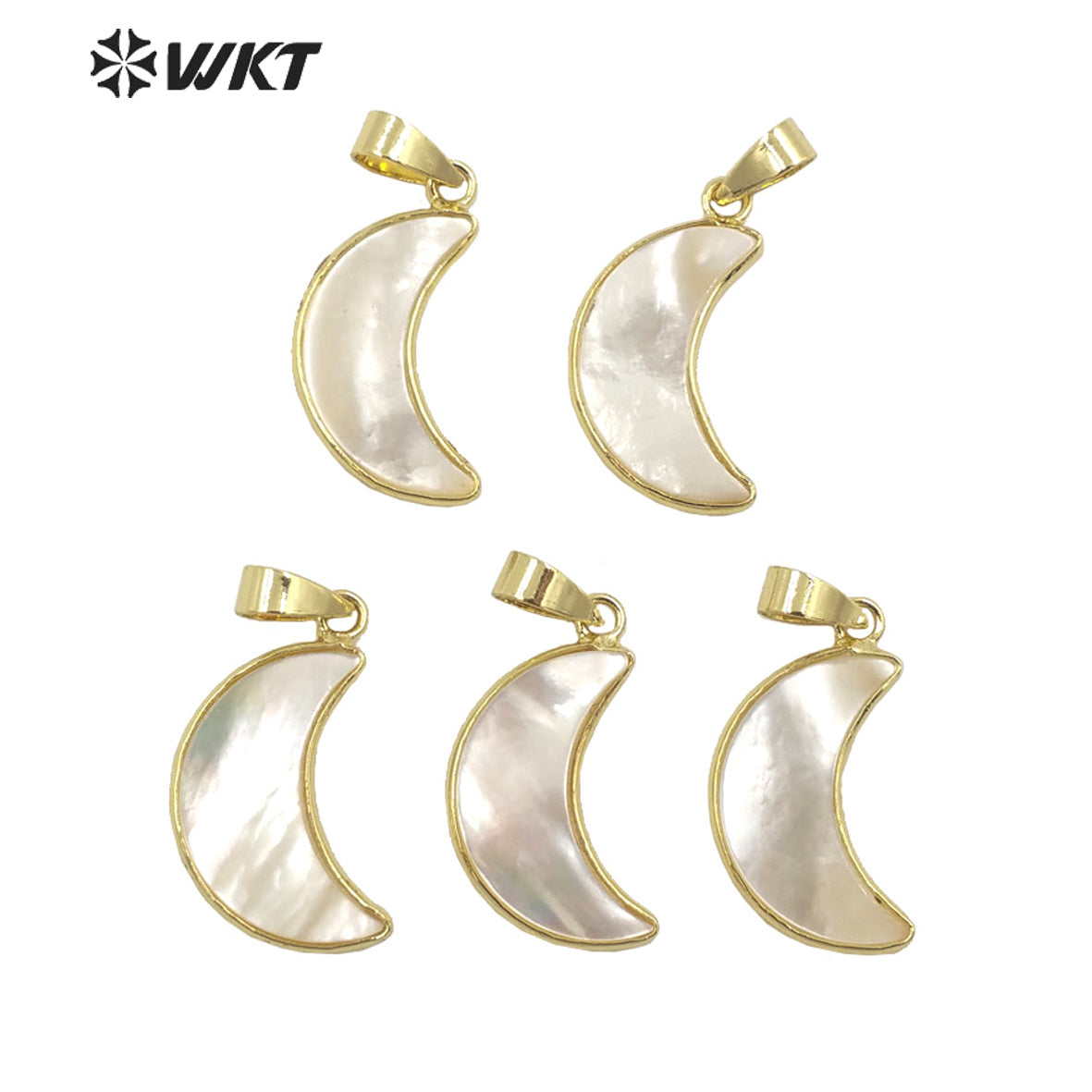 WT-JP319 Super Hot Natural Mother of Pearl White Shell Moon Pendants With Gold Bezel Lovely Tiny Crescent Jewelry Finding