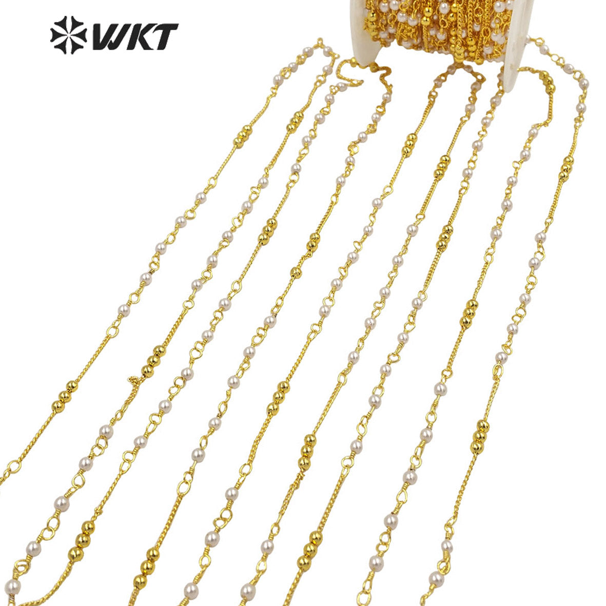 WT-RBC195 Amazing Handmade Gold Plated White Beads Chain Women DIY Jewelry Necklace Chain by Meter Tiny Brass Chain