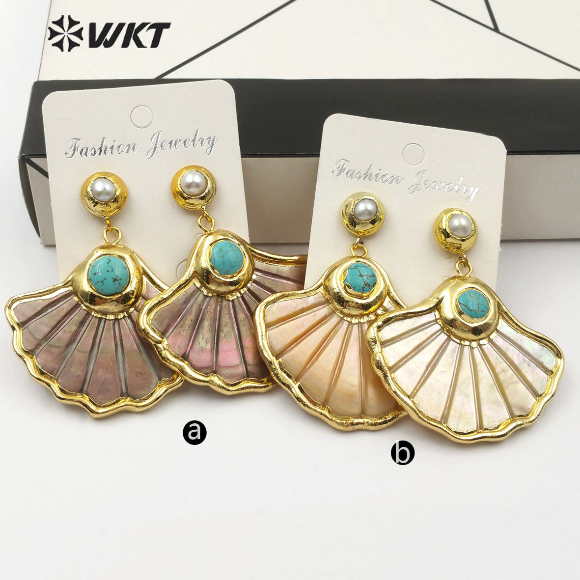 WT-E504 Amazing Big Punk Casual Style Natural Scallop Shape Shell Earrings 18k Real Gold Plated Shell with Turquoise Decorative