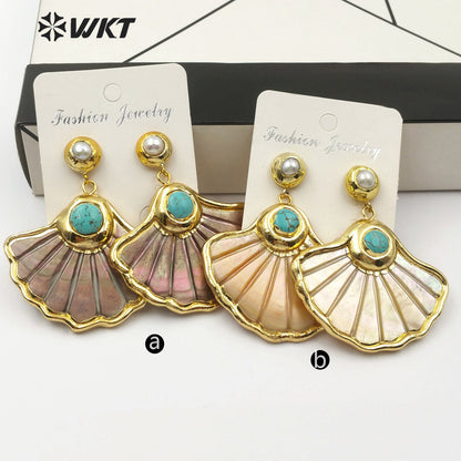 WT-E504 Amazing Big Punk Casual Style Natural Scallop Shape Shell Earrings 18k Real Gold Plated Shell with Turquoise Decorative