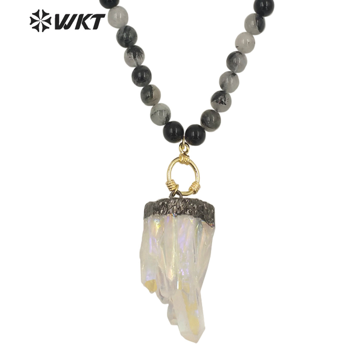 WT-N1279 Wholesale Black Gun Electroplated Aura Crystal Quartz Beads Necklace Amazing Spirit Quartz Stone Necklace
