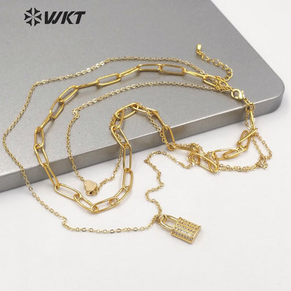 WT-N1304 New Bohemian 18k Real Gold Plated Resist Tarnish Triple Layer Chain Necklace Elegant Trend Gold Metal Choker Necklace