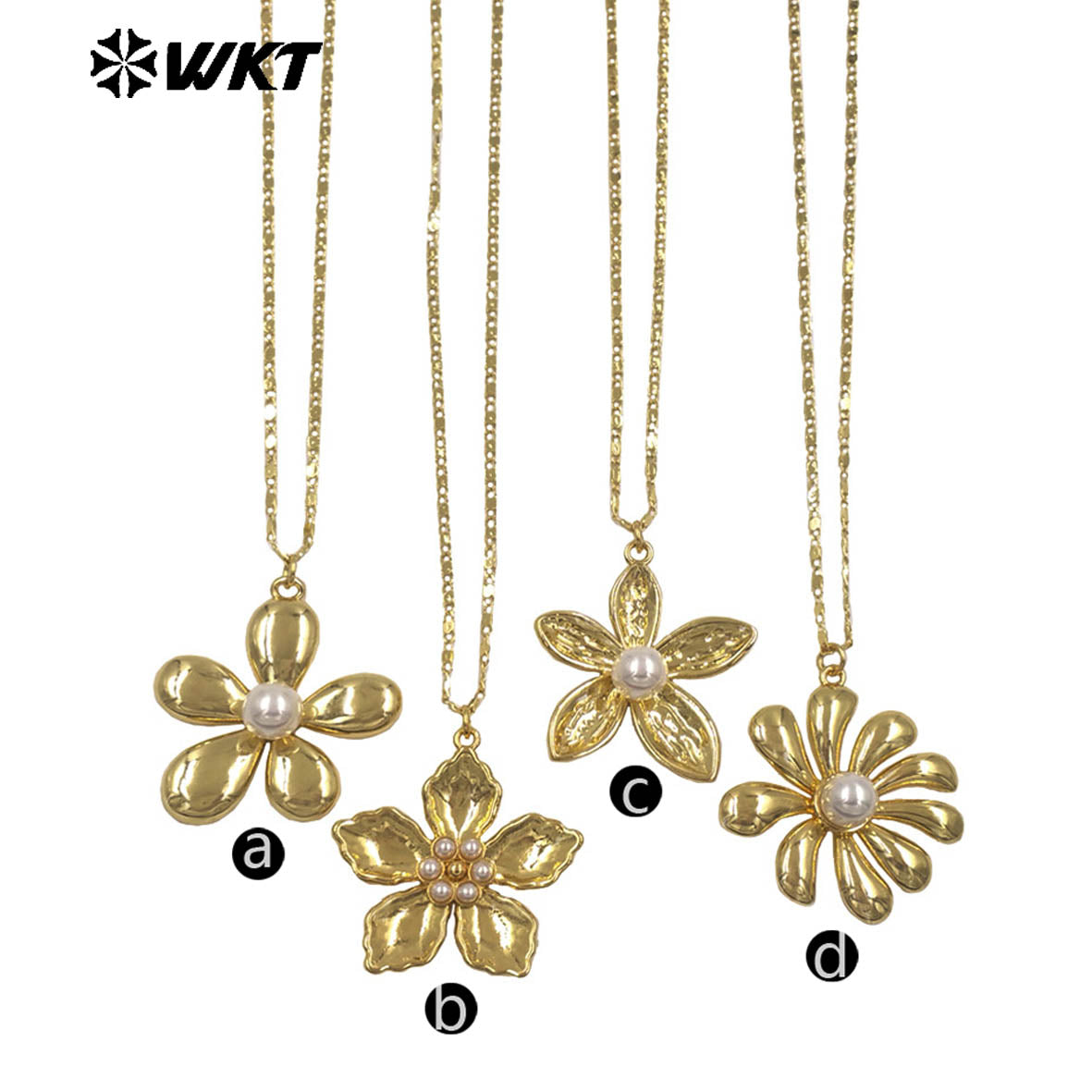 WT-N1516 Wholesale Trendy Metal Thin Chain With Gold Plated Brass And Artifical Pearl Flowers Pendant Necklace As Lady Matching