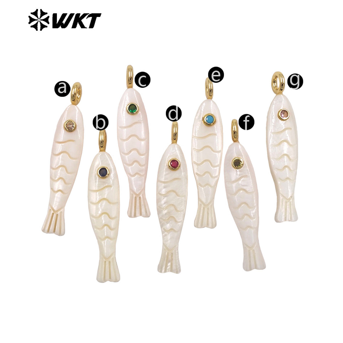 WT-JP525 Hot Popular Colorful Zircon And Natural White Shell Carved Fish Shape Pendant For Women Fashion Necklace DIY Making