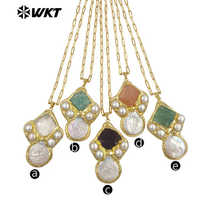 WT-JN345 Delicate Rectangle Chain With Gold Plated Natural Gemstones And Pearl Pendant Necklace For Unique Fashion Birthday Gift