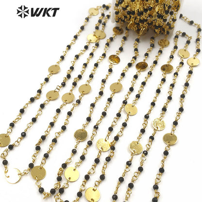 WT-RBC148 Wholesale Natural Black Agate Beads Chain Stylish Gold Plated Black Agate Rosary Beads Chain for DIY Jewelry Making