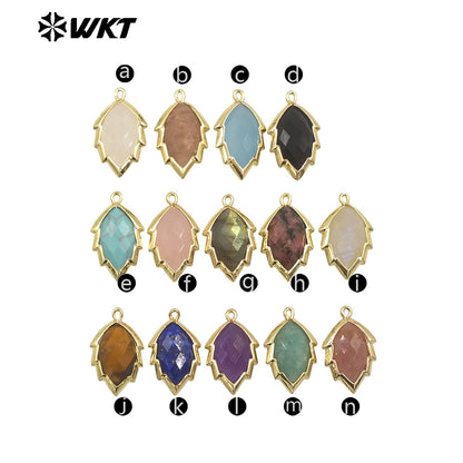WT-P1990 Simple and Small Natural Multi-Type Gemstone 18K Gold Plated Delicate Leaf Shape Pendant Unisexes Jewelry DIY Necklace