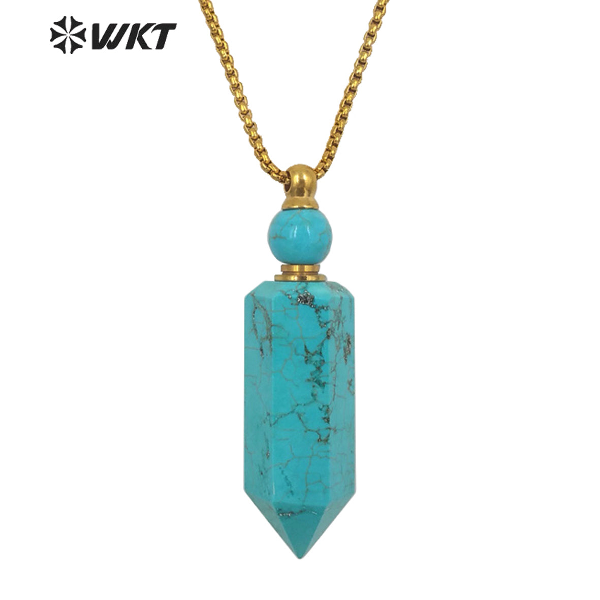 WT-N1271 Wholesale Popular Green Turquoise Perfume Bottle Necklace Precious Stone Made Energy Stone Bottle for Essential Oil