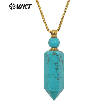 WT-N1271 Wholesale Popular Green Turquoise Perfume Bottle Necklace Precious Stone Made Energy Stone Bottle for Essential Oil