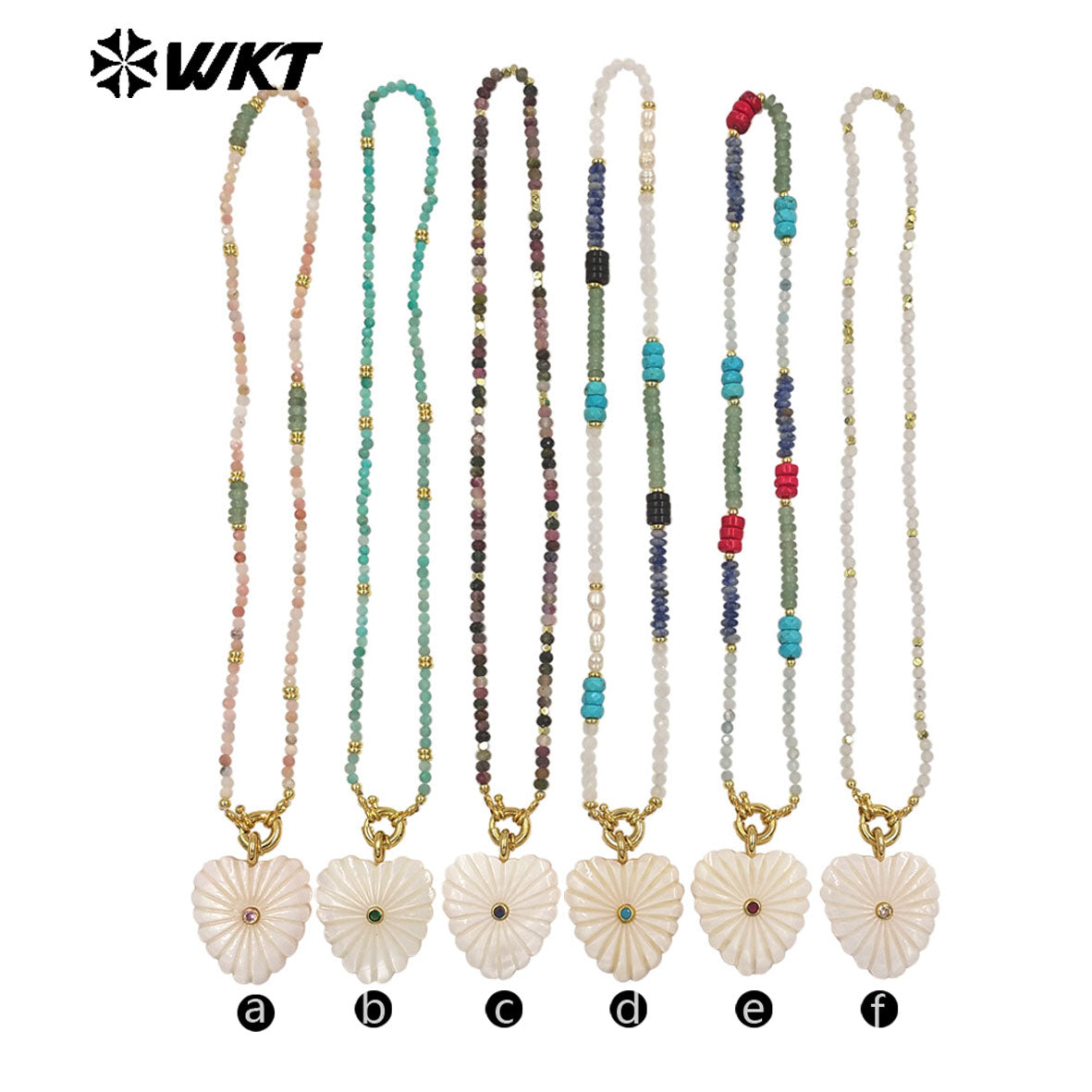 WT-JN404 Popular Fashion Style Natural Gemstone Beads Chain With White Shell Heart Pendants Necklaces For Girls Wearing