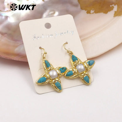 WT-E803 Exclusive Design Back Full Gold Plated Protruding Natural Turquoise And Pearl Cross Earrings As Unique Jewelry Accessory