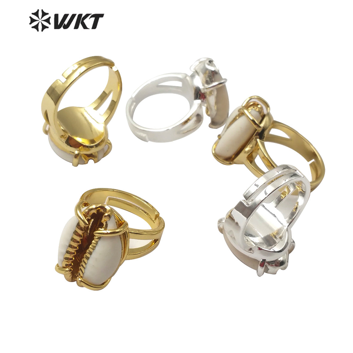 WT-R349 Newest Adjustable Size Gold Prong Setting Cowrie Ring Fashion Charm Jewelry Natural Cowrie Rings