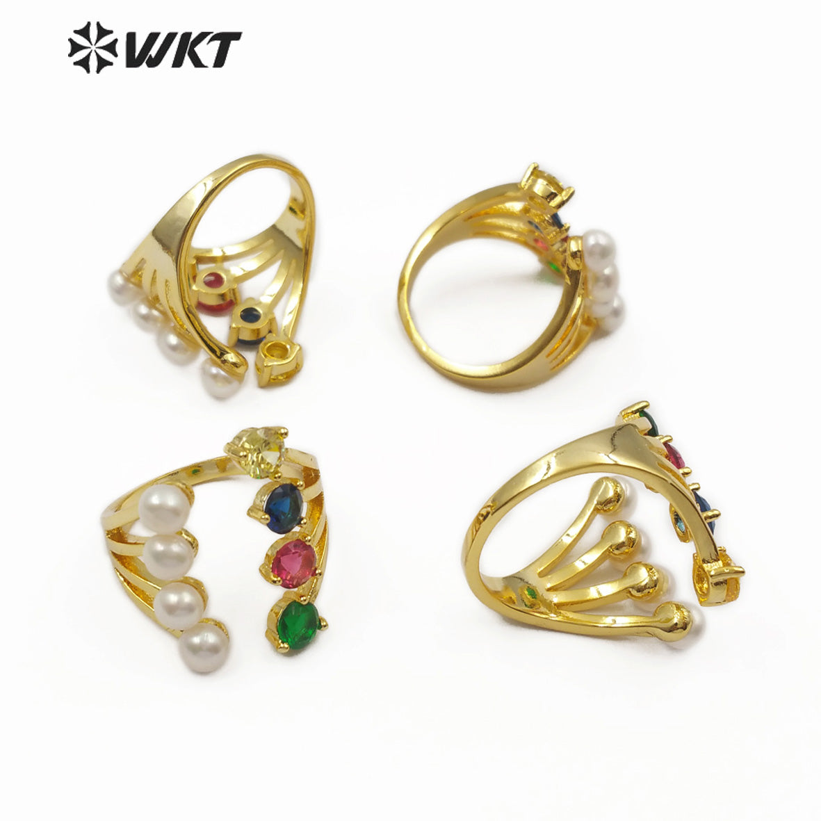 WT-MR005 Wholesale New Design Fashion Four Freshwater Pearls and Four Red Yellow Blue Green Cubic Zircon Ring Multicolor Ring