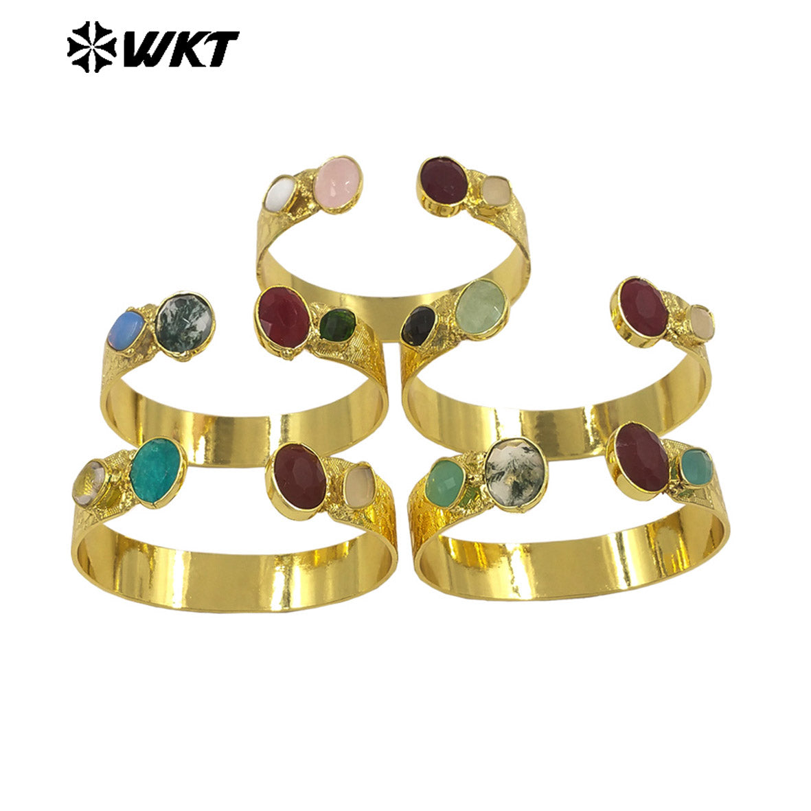 WT-B706 Top Qualiy Vintage Style 18K Gold Electroplated Natural Multiple Gemstones Cuff Women Bangles As Birthday Gift