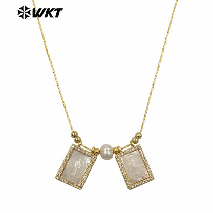 WT-JN137 Super Hot White Mother of Pearl Carved Saint Mary Heart Charm Necklace Gold Double White Shell Mary Christian Necklace