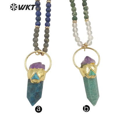 WT-N1337 WKT Powerful Energy Cylinder Shape Blue Apatite Amazonite Mix With Amethyst Long Beads Necklace Gemstones Beads Chain