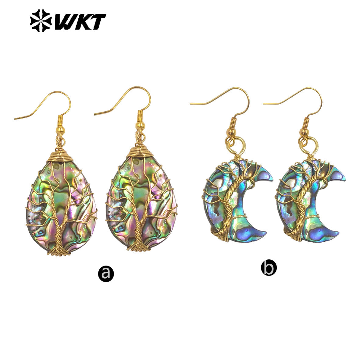 WT-MPE160 New Arrival Natural Abalone Shell Women Earrings in Water Drop Moon Shape Gold Plated Wrapping Wire Vintage Jewelry