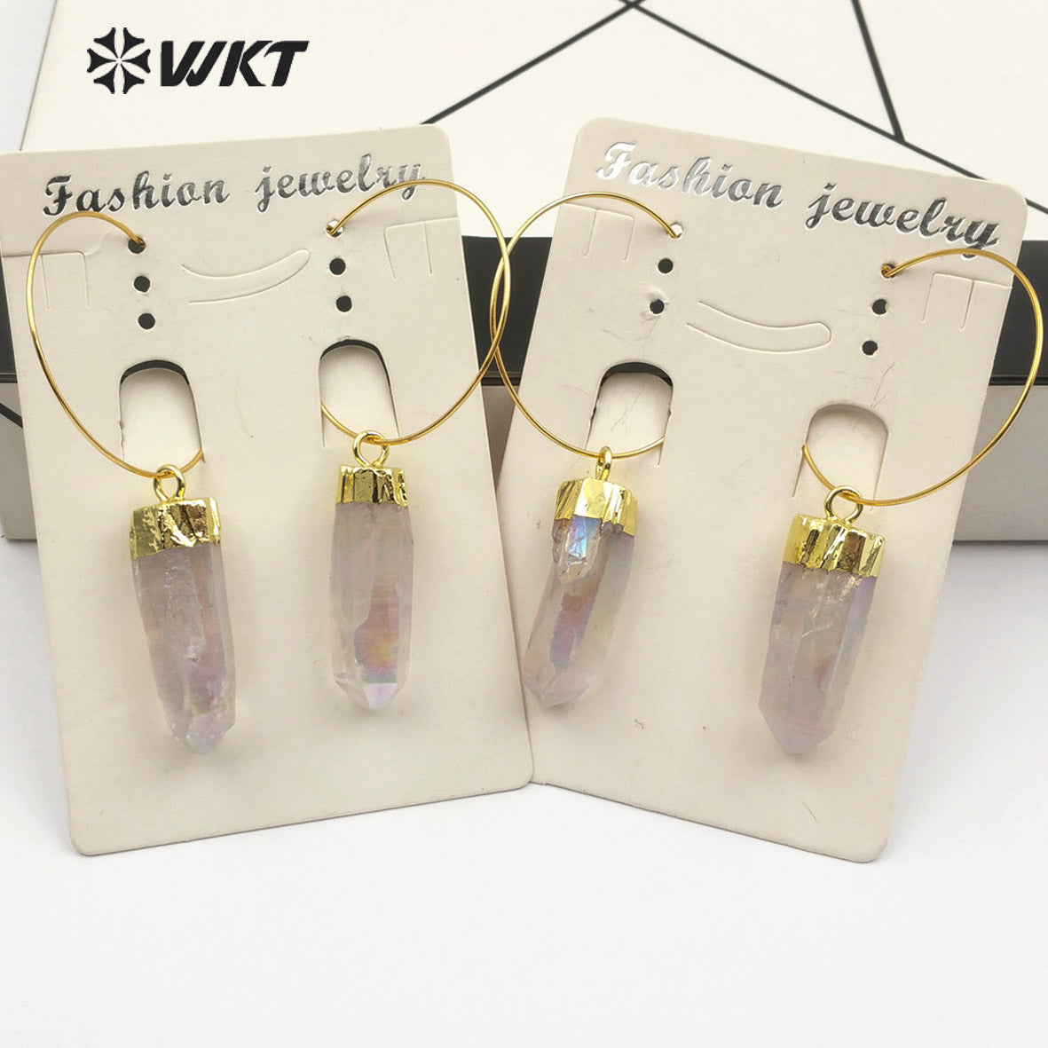 WT-E493 Six Prism Quartz Pendant With Gold Capped Healing Colorful Crystal Earring Jewelry Aura Quartz Dangling Earring