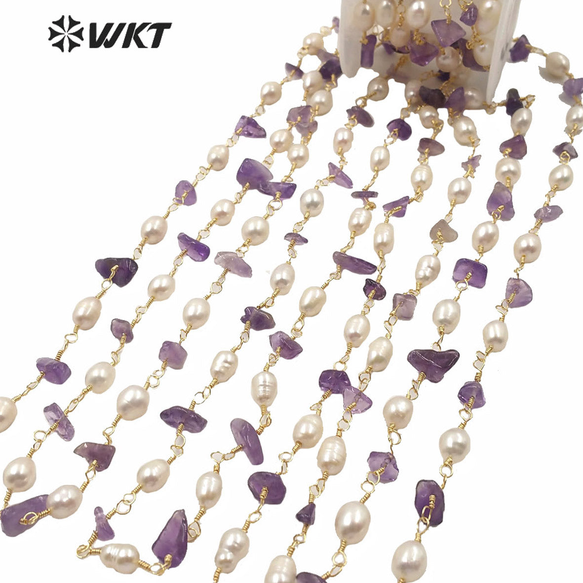 WT-RBC165 High Quality Natural Stone Make Chain Women Jewelry Findings Chain for Necklace Design Gold Rosary Beads Chain