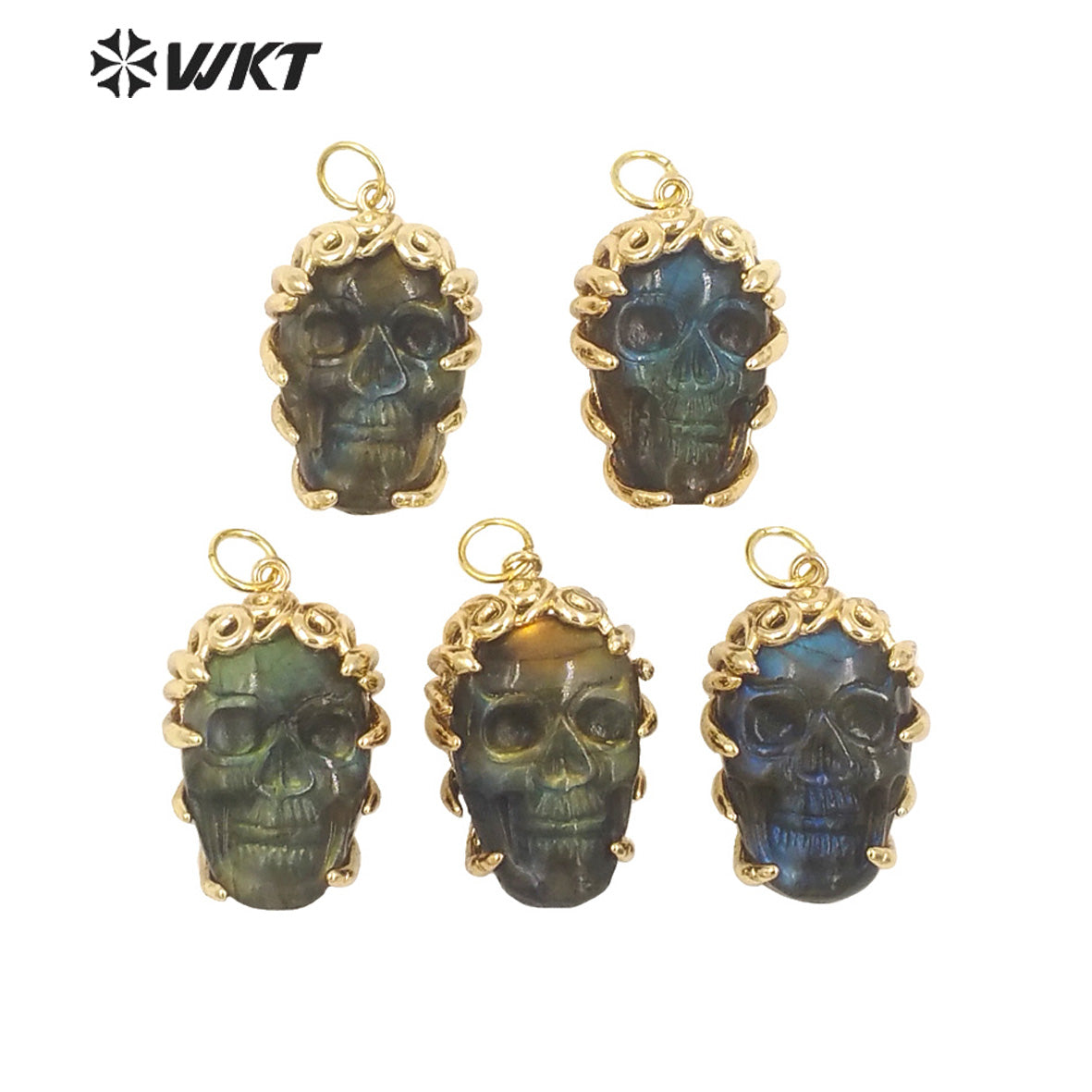 WT-N1462 Hollowen Unique Gift 18K Real Gold Plated Skull With Bezel Setting Labradorite Stone Pendant Necklace