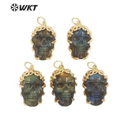 WT-N1462 Hollowen Unique Gift 18K Real Gold Plated Skull With Bezel Setting Labradorite Stone Pendant Necklace