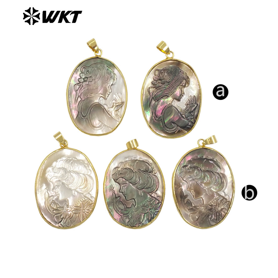 WT-JP426 High Quality Natural Shell Gold Plated Hand Carved Lady Head Pattern Pendant Women Vintage Style Accessories