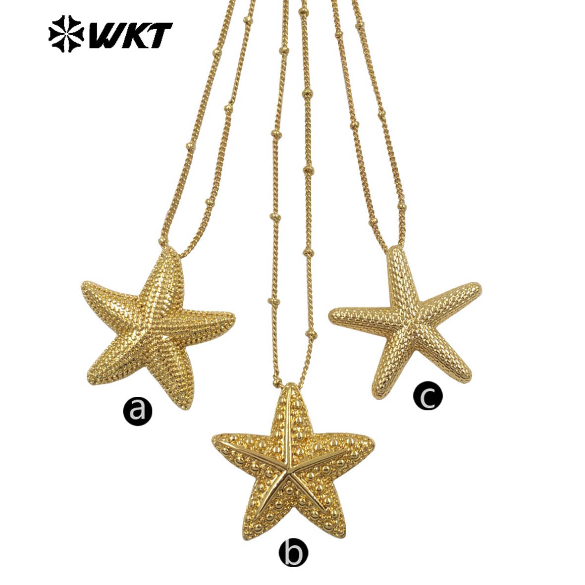 WT-N1518 Trendy Ocean Series Gold Electroplated Metal Yellow Brass Starfish Pendant Necklaces As Female Jewelry Wearing