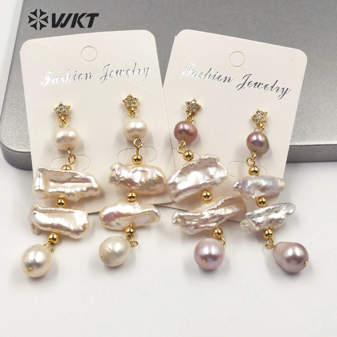 WT-MPE015 Wholesale Elegant Freshwater Pearl Long Earring Real Gold Plated Lady Charm Jewelry Natural Pearl Dangling Earring