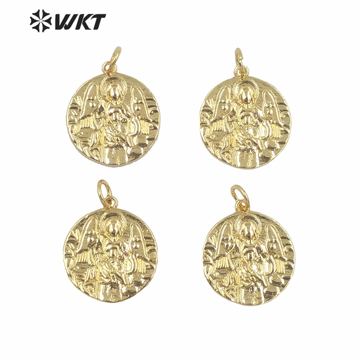 WT-MP150 Unique Full Gold Electroplated Yellow Brass Metal Base Round Tiny Coin Pendant Hot Gold Women Fashion Christian Angel