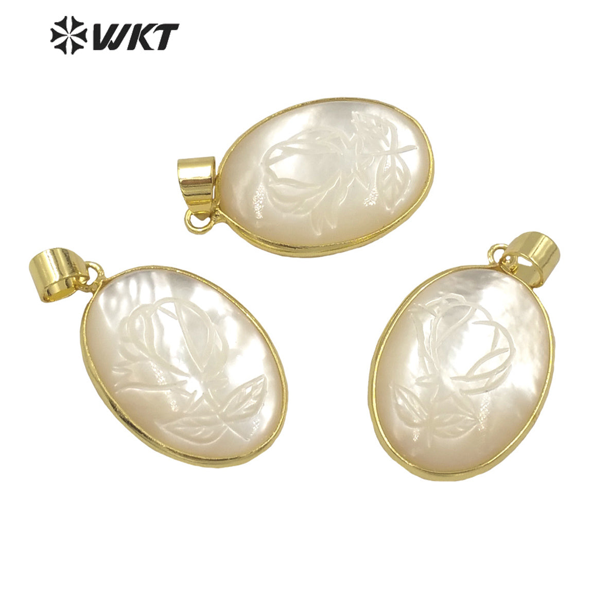 WT-JP266 WKT European Design Gold Electroplated Bezel Mother of Pearl Rose Flower Pendant Hand Carved White Oval Shell Flower