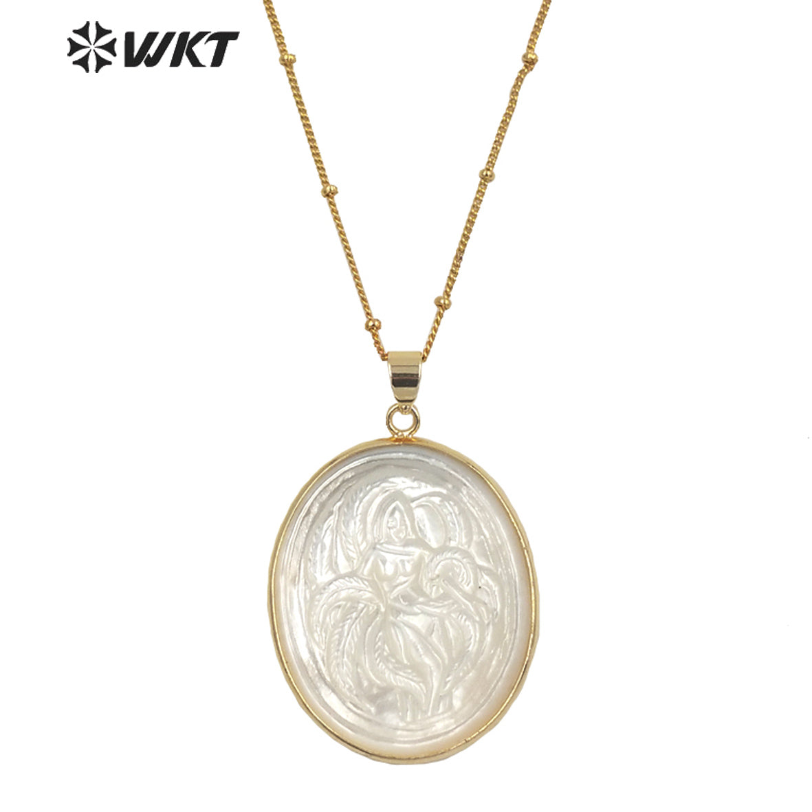 WT-JN144 Fashion Gold Plated the Beauty Girl Handmade Carve Big Mother of Pearl Pendant Necklace Gold Bezel White Shell Necklace