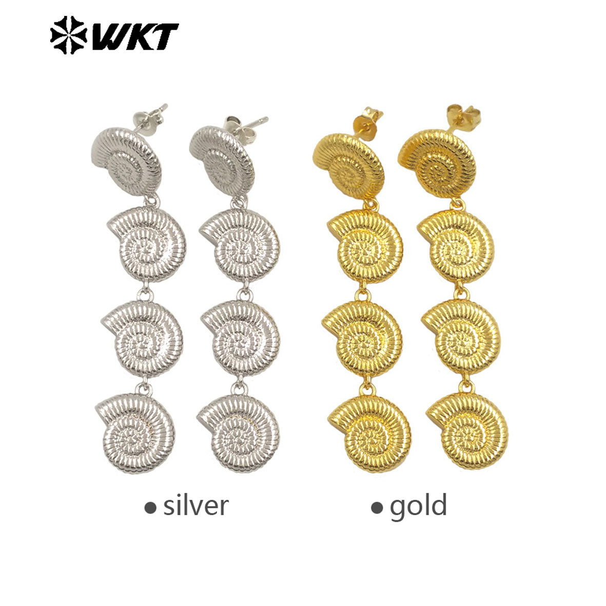 WT-E763 Wholesale New Products 18K Gold Plated and Silver Conch Shell Shape Long Earrings for Women Suitable for Beach Vacations