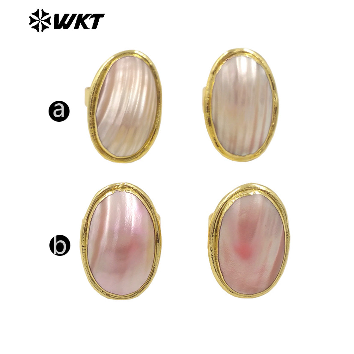 WT-MPR112 New Arrivals High Quality 18K Gold Plated Unisex Oval Adjustable Pink and White Large Mabe Shell Ring As Special Gift