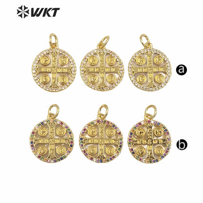WT-MP154 New Hot Sales Gold Electroplated Round Tiny Religious Cross Pendant Women Fashion Jewelry Round Jesus Cross Pendants