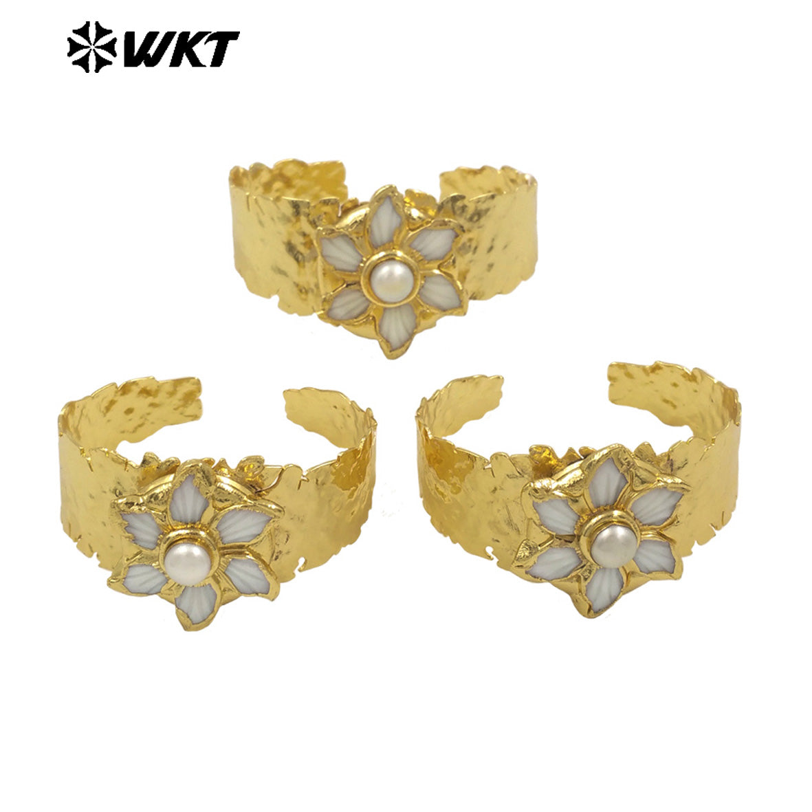 MPB125 Resist Tarnishale Gold Plated Bracelet Adjustable Size Natural Round Pearl Carved Shell Flower Bangle Women Style